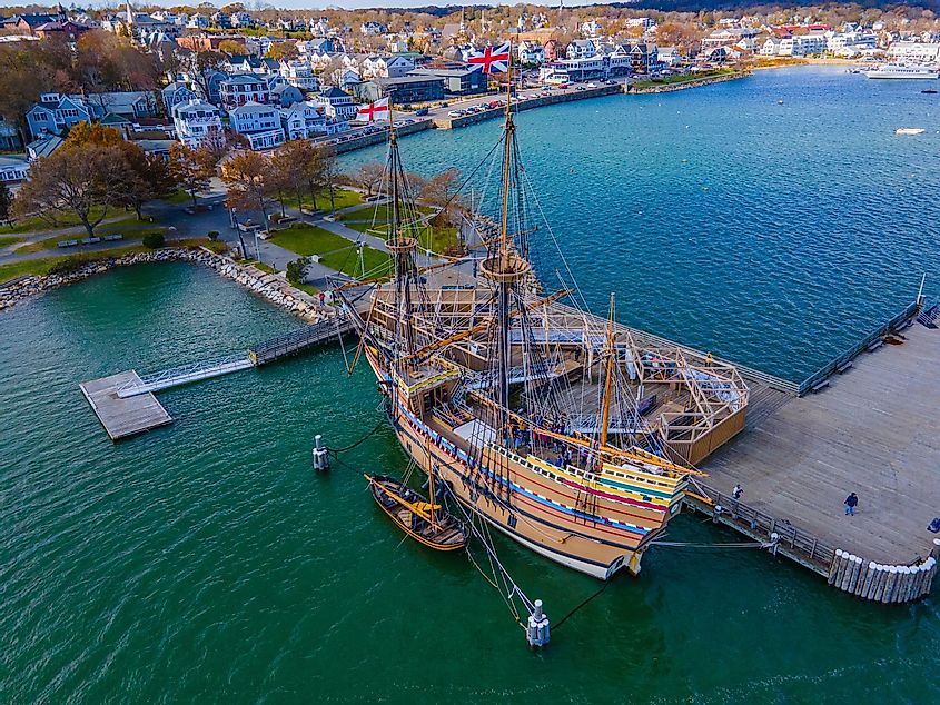 Mayflower II is a reproduction of the 17th century ship Mayflower docked at town of Plymouth, Massachusetts