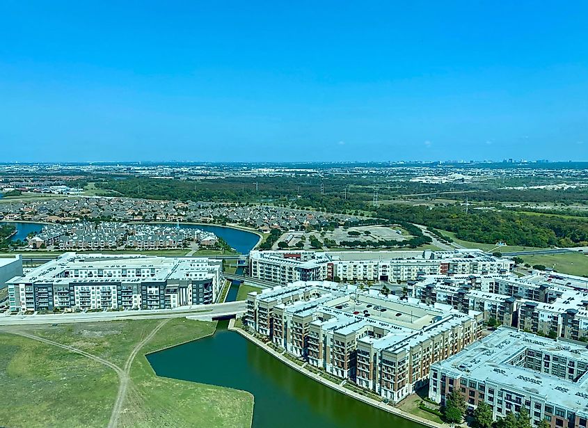 The apartments, hotels and shopping centers surround the business district of Las Colinas, Irving, Texas