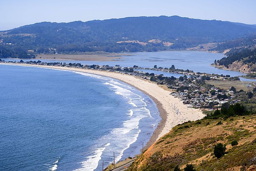 Aerial view of Stinson Beach and Bolinas Lagoon in Marin County, California