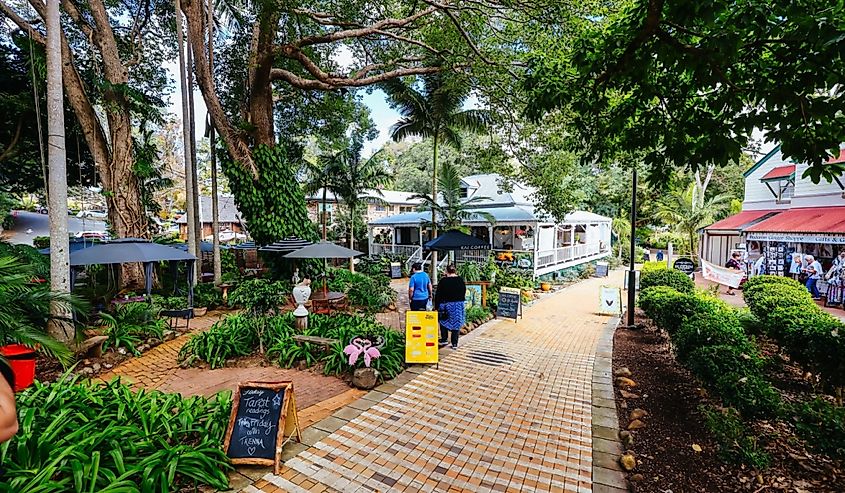 The quaint popular town of Montville on a sunny winter's day in the Glasshouse Mountains near Sunshine Coast in Queensland, Australia