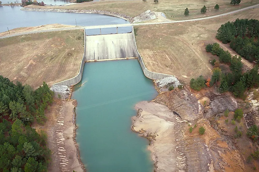 The spillway at Ferrells Bridge Dam impounding Lake O' the Pines on Big Cypress Bayou, Marion County, Texas