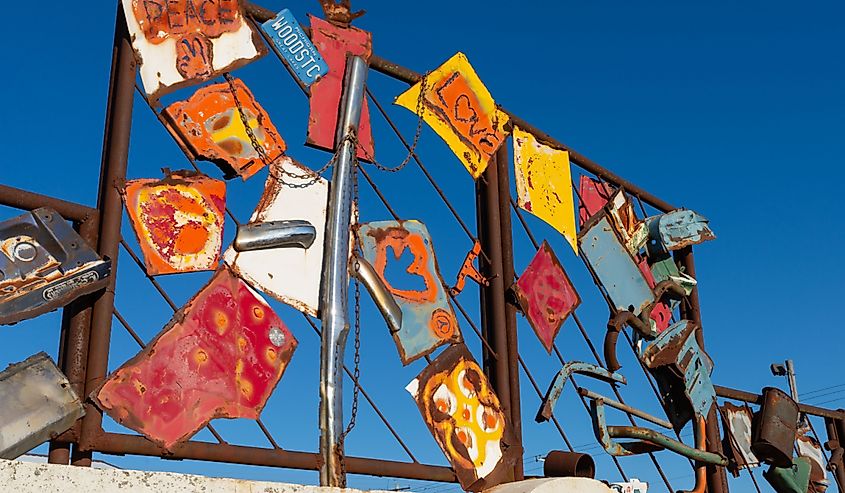 The Hippie Memorial by artist Bob Moomaw in downtown Arcola, Illinois.