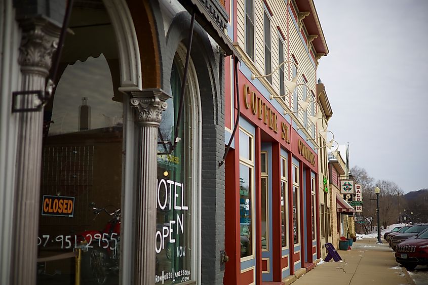 LANESBORO MN, UNITED STATES - Jan 03, 2022: A Downtown decorated for Christmas Holidays in rural Lanesboro