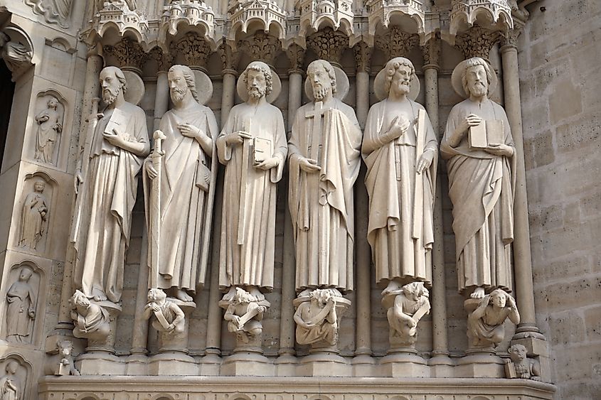 Sculptures of the Old Testament on the facade of the Notre Dame de Paris Cathedral