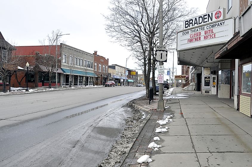 In the midst of a statewide shutdown of non-essential businesses, Main Street, Presque Isle is empty during the traditional weekday 5pm rush hour, David Deschesne / Shutterstock.com