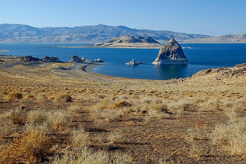 Pyramid Rock in Pyramid Lake near Reno, Nevada.