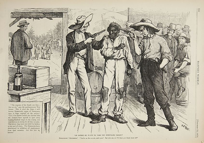 1876 cartoon illustrating opposition to black suffrage