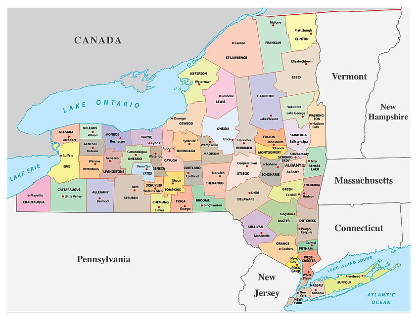 County map of New York, showing Chautauqua and Erie counties on Lake Erie and the counties along Lake Ontario.
