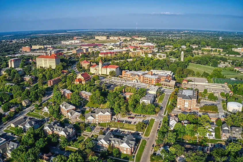 Aerial view of Lawrence, Kansas and its State University