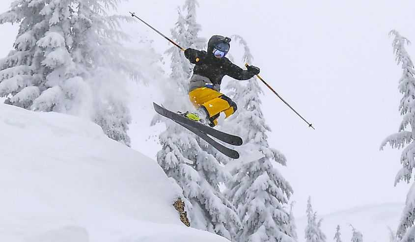 Teenage boy skiing at Silver Mountain in Kellogg, Idaho