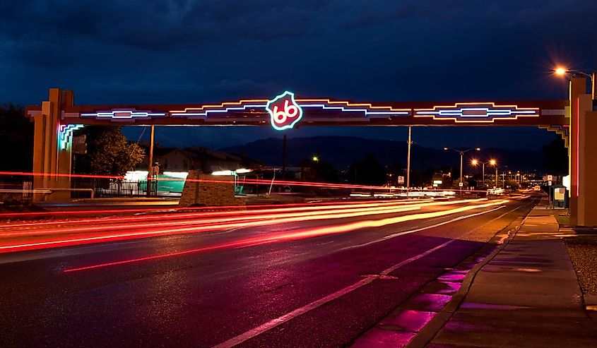 Historic, Famous Highway Route 66 Neon Sign at Night.