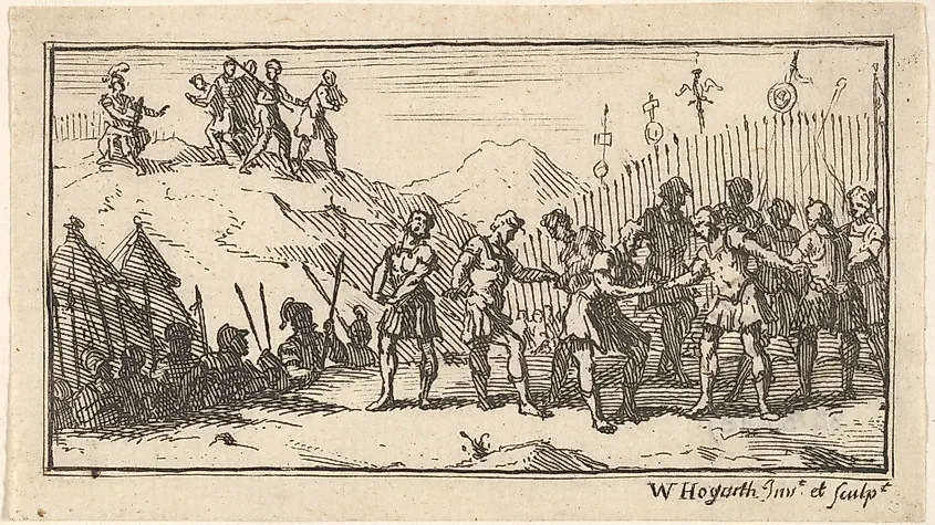 Decimation. Etching by William Hogarth in Beaver's Roman Military Punishments.