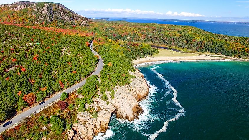 An aerial view of a fiery autumn forest canopy in Acadia National Park.