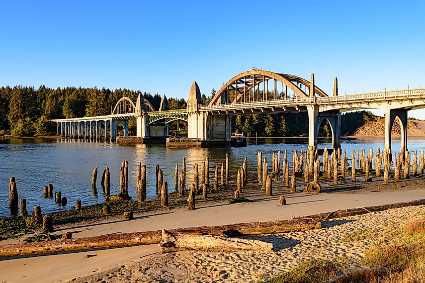 The Siuslaw River Bridge in golden morning light at Florence, Oregon