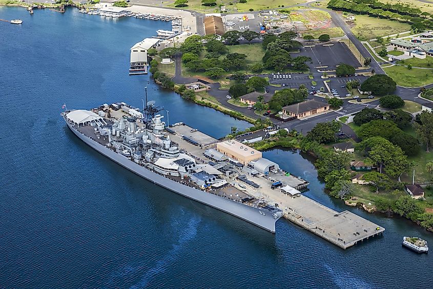 Aerial view of Missouri Battleship in Pearl Harbor, Honolulu, Hawaii, USA