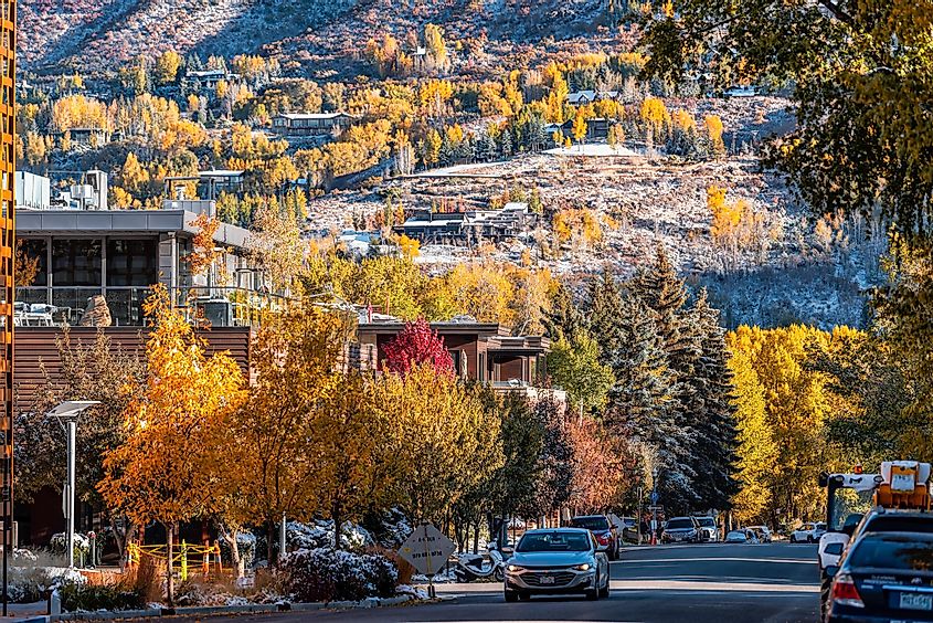 Main street road in ski resort town city of Aspen, Colorado