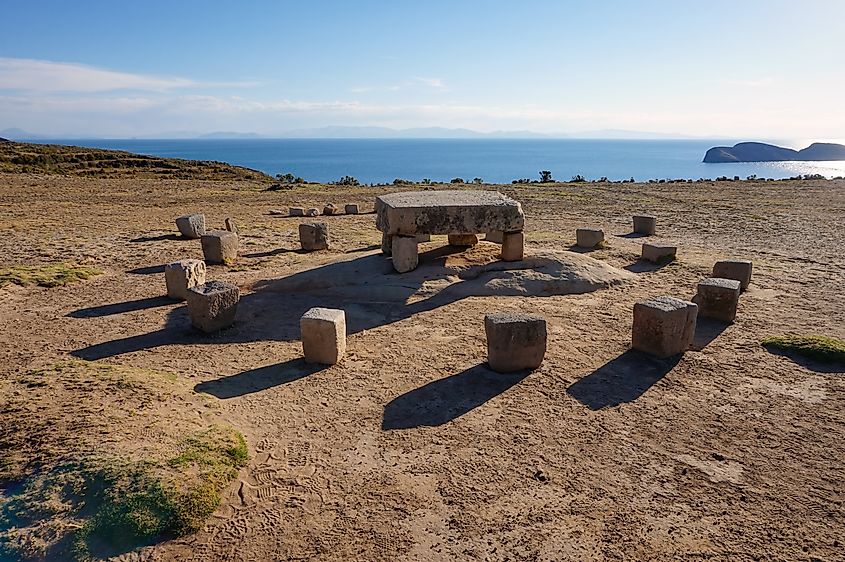  Ancient stone altar on Isla del Sol overlooking Lake Titicaca, Bolivia a sacred Inca site steeped in mythology.