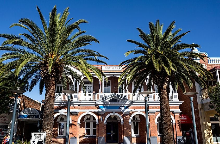 View of the heritage listed facade of the 1912 building which is the actual ANZ Bank in Warwick