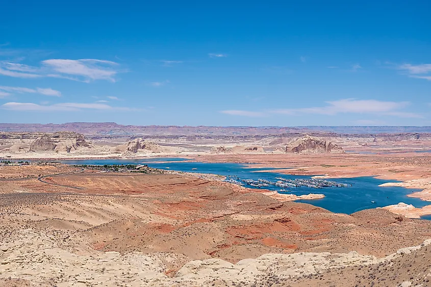 Lake Powell at a severe low, showing a tall bathtub ring.