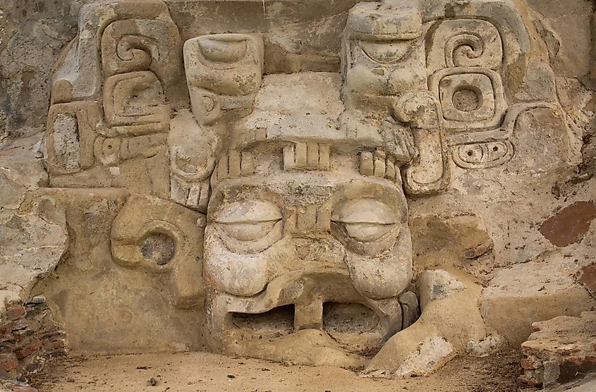 Carving of ancient Mayan Sun God Kinish Ahau at Temple VI in Comalcalco, Mexico.