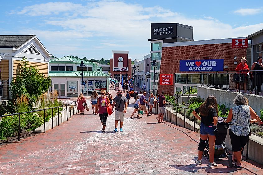 View of downtown Freeport, Maine, a town filled with outlet stores from famous fashion brands.