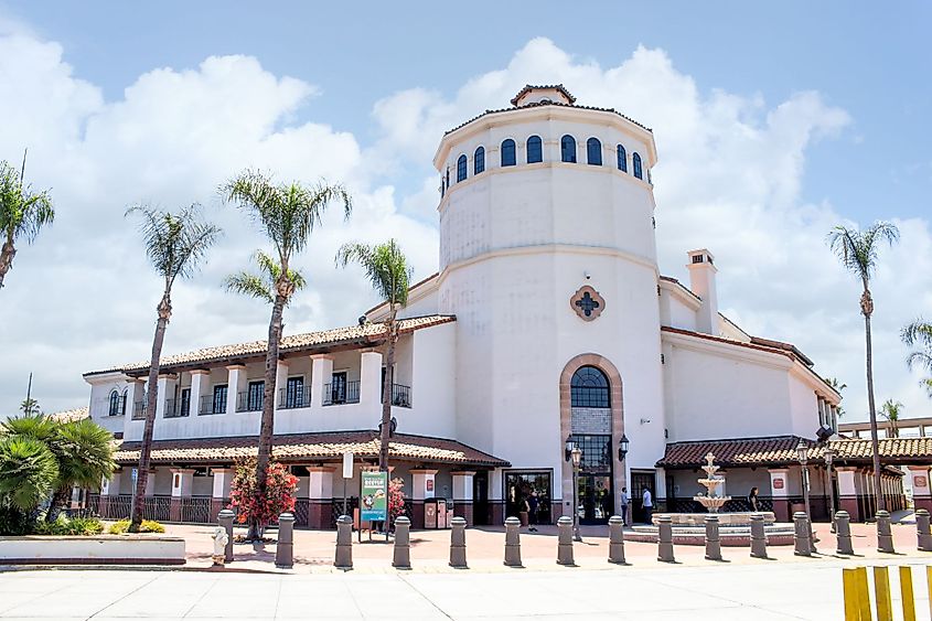 The main building and front entrance to the Santa Ana Regional Transportation Center