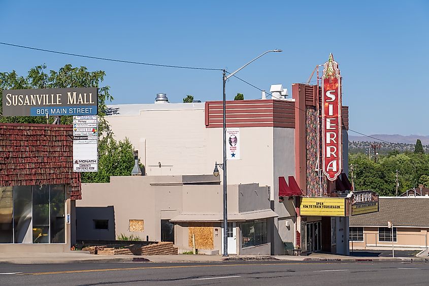 Susanville, California, USA - June 20th 2025: Sierra movie theatre on the main street of Susanville, California, with its historical sign