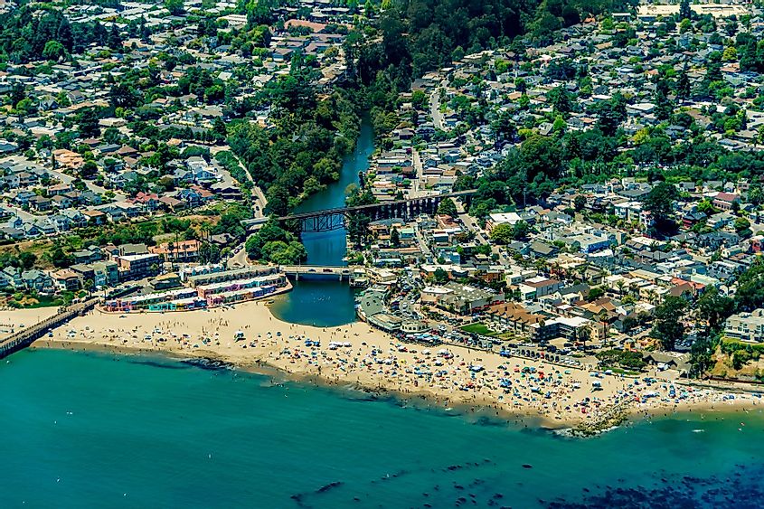 Aerial view of the beach with tourists in the city of Capitola in Northern California