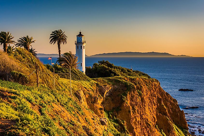 View of Point Vicente Lighthouse at sunset in Rancho Palos Verdes, California.