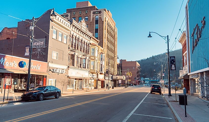 Bradford historic Main Street looking at Hooker Fulton Building, Pennsylvania.