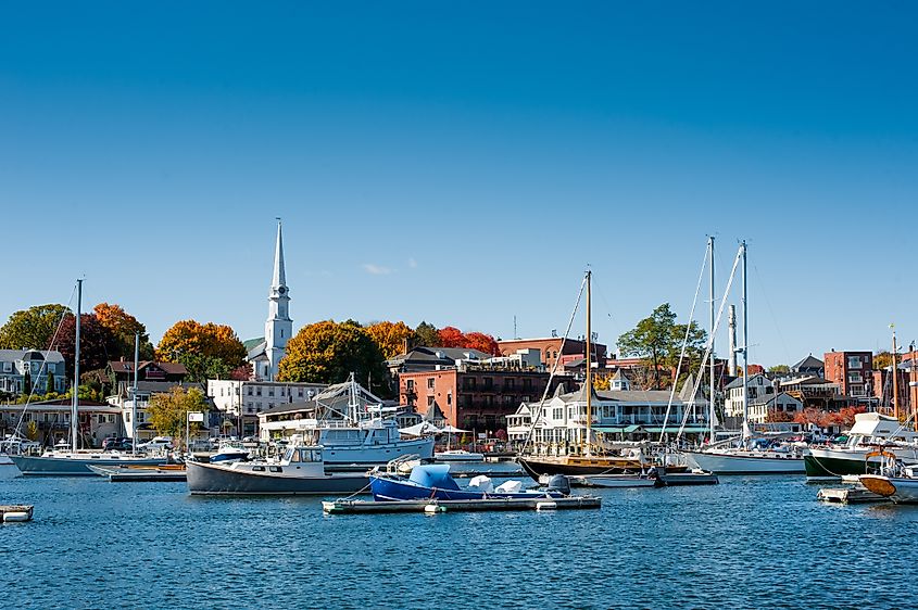 Boats moored in Camden, Maine Harbor,