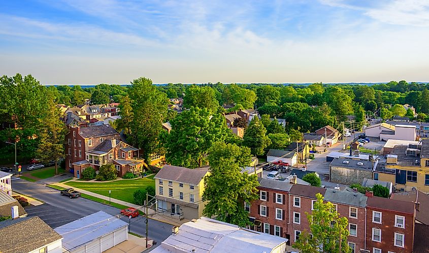 Aerial view of suburban houses and sunset sky - West Chester, Pennsylvania