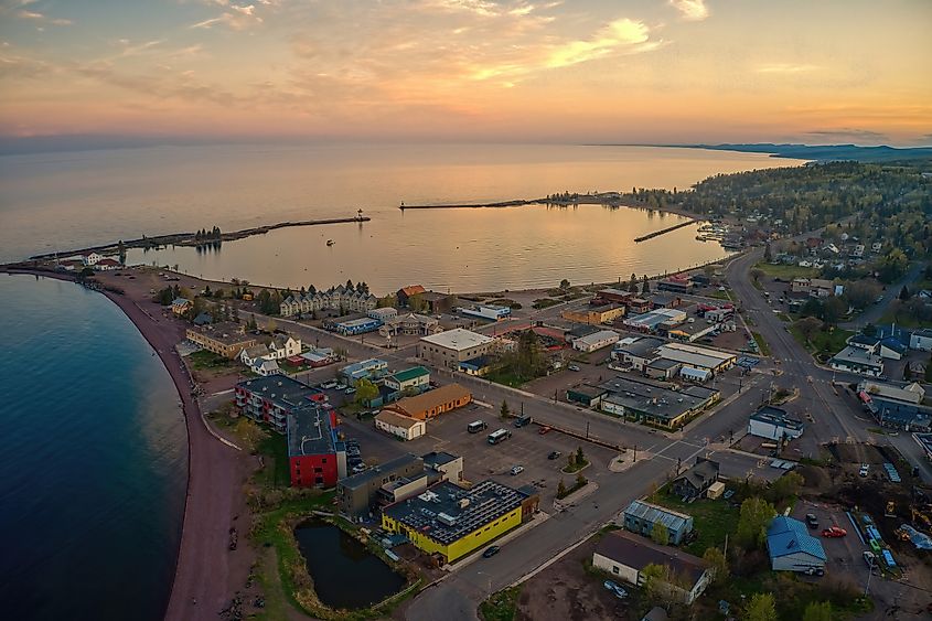 Aerial View of Grand Marais, Minnesota at Sunset