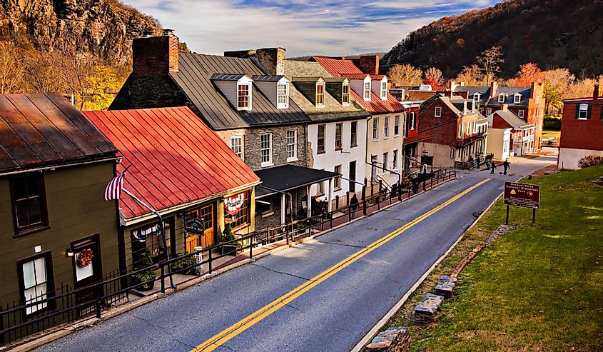 Historic buildings and shops on High Street in Harper's Ferry, West Virginia
