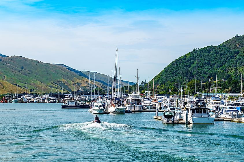 Boats along the marina in Havelock, New Zealand.