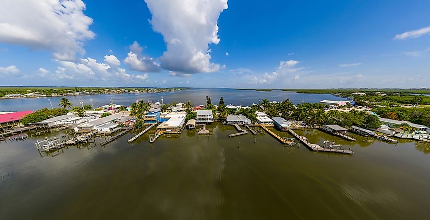 Aerial panorama Matlacha FL waterfront homes and vacation rentals