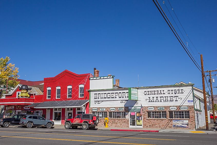 Colorful stores in Main Street, Bridgeport, California.
