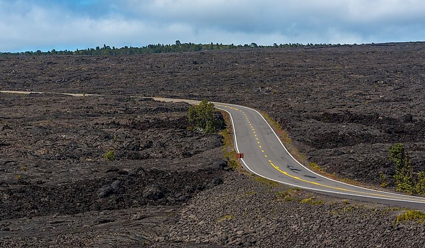 Chain of Craters Road slicing through the lava landscape in Hawaii Volcanoes National Park