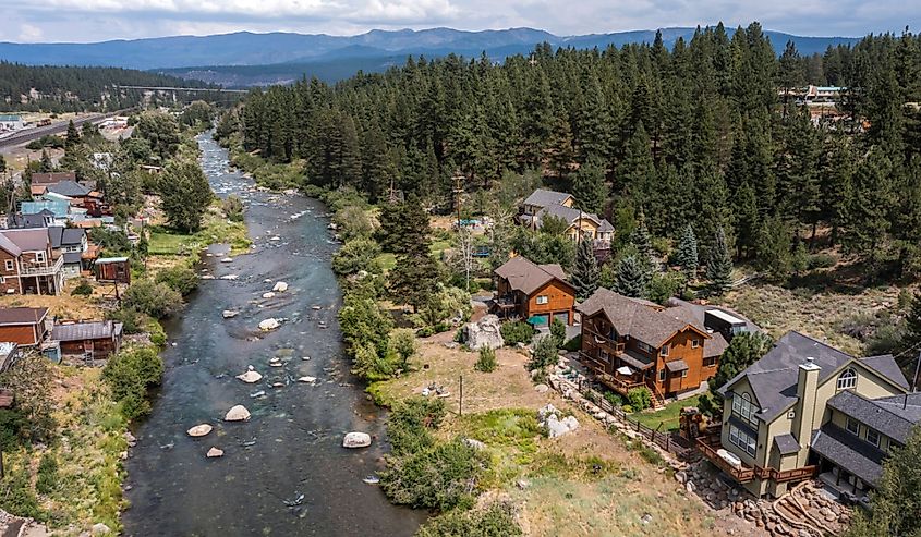 Afternoon neighborhood view of historic homes in Truckee, California, USA.