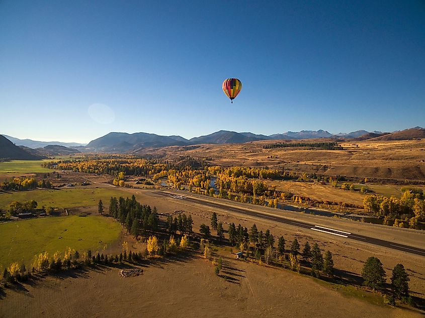 A hot air balloon flying over Winthrop, Washington.