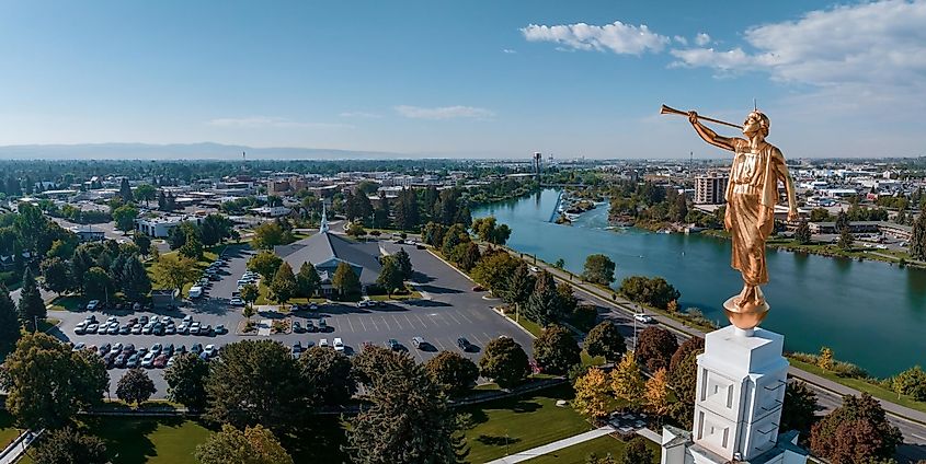 Aerial panoramic view of the waterfall in city of Idaho Falls