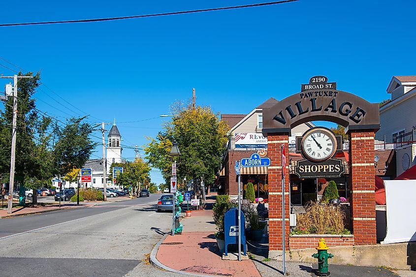 Pawtuxet Village Shoppes located in a historic commercial building at the intersection of Broad Street and Aborn Street in the town of Cranston, Rhode Island, USA.