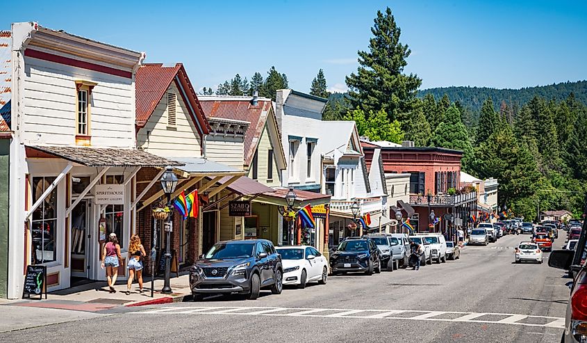 Downtown area of Nevada City, California, in summer.