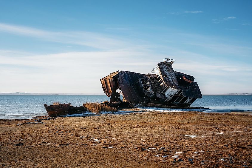 Ship remains on shore of Aral sea or Aral lake, Kazakhstan