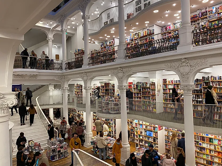 A massive, multi-floored, white-washed bookstore.