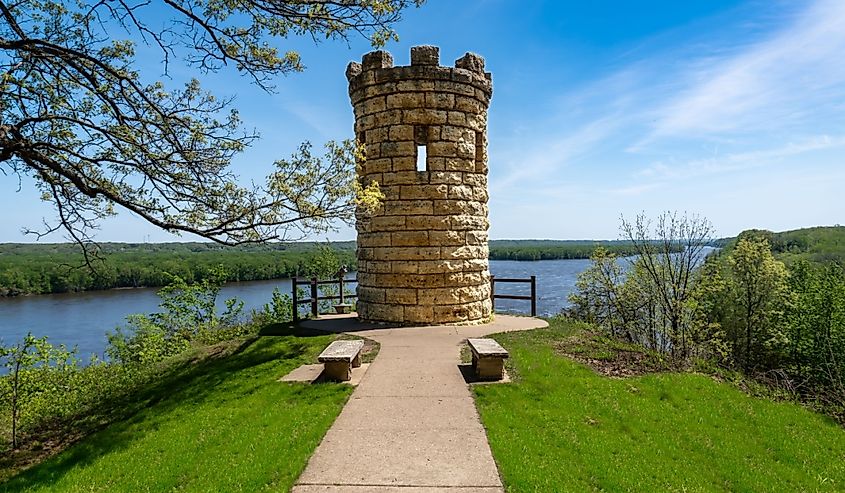 The Julien Dubuque Monument atop a limestone bluff over Mississippi River at the Mines of Spain in Dubuque, Iowa