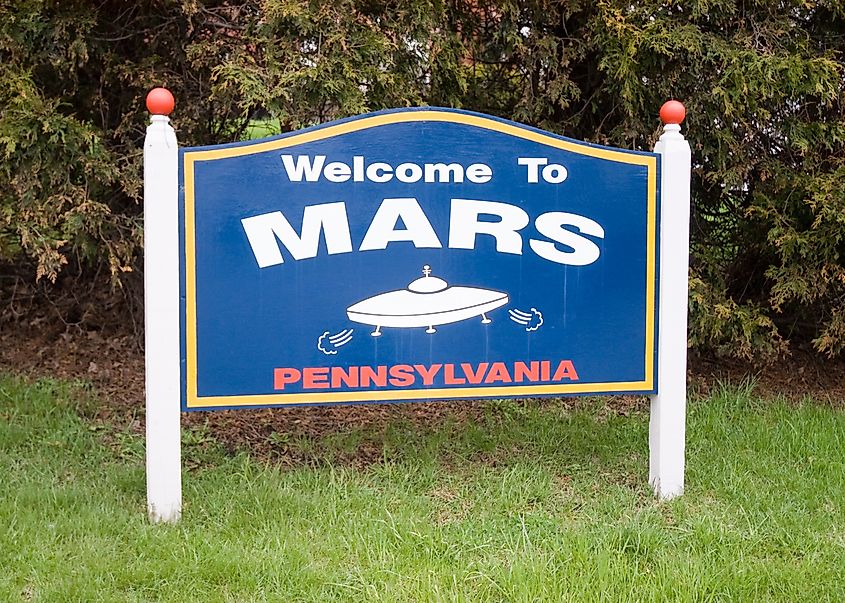 Welcome sign for visitors to Mars, Pennsylvania