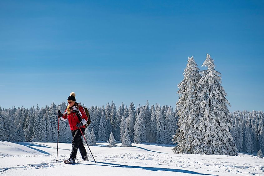 Woman walking with snow rackets in Jura Mountains, Switzerland