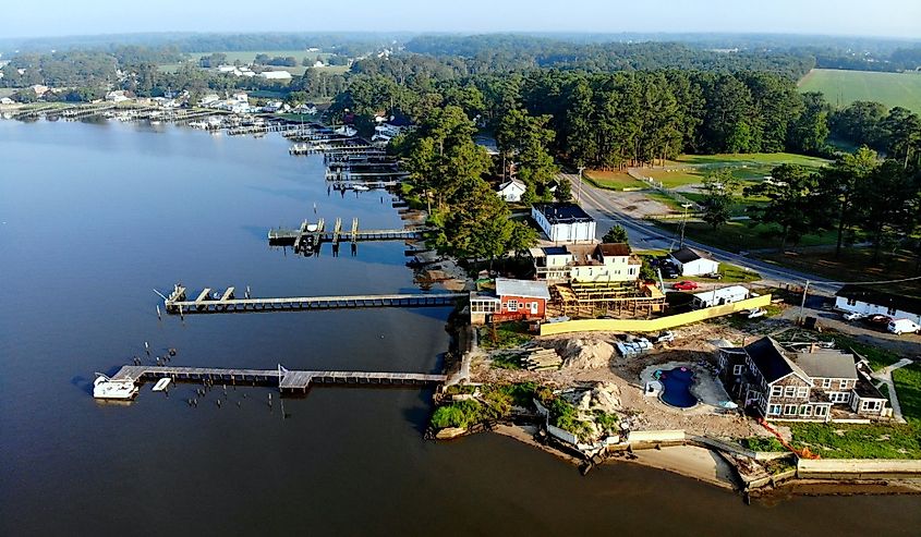 The aerial view of the waterfront homes with a private dock near Millsboro, Delaware,