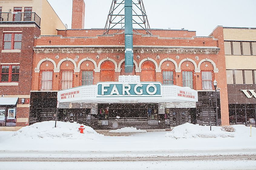 Downtown Fargo on Broadway with theater during a snow storm
